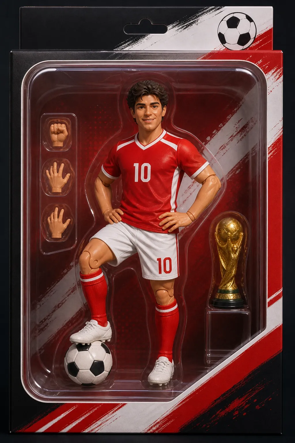 figura de fútbol personalizada con número favorito y empaque coleccionable ficticio