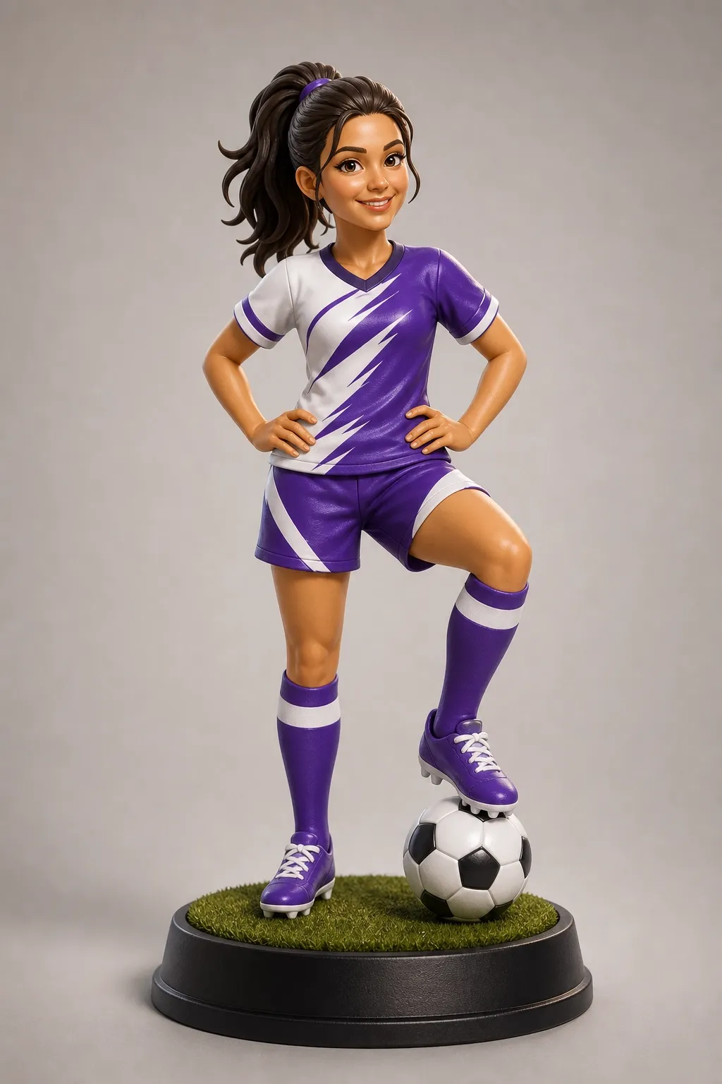 figura femenina de fútbol personalizada con uniforme morado y blanco ficticio