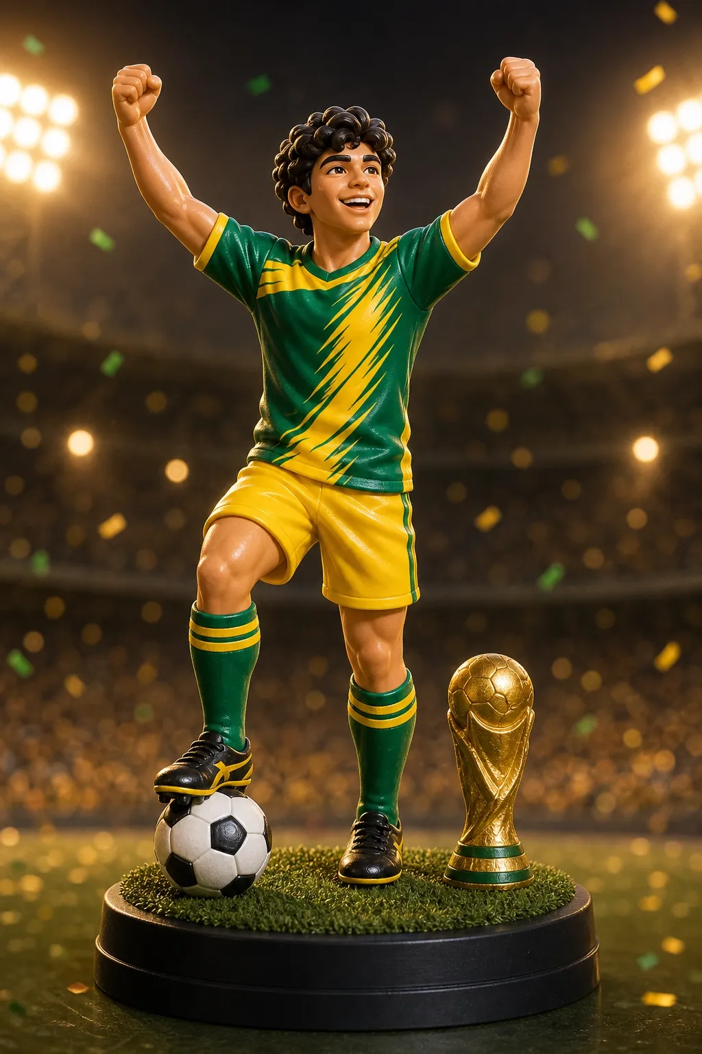 figura personalizada de fútbol estilo mini campeón celebrando una victoria