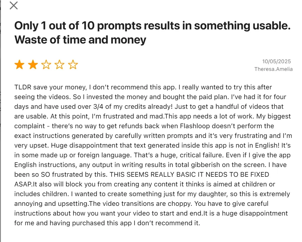 One-star negative user review screenshot of the Flashloop app