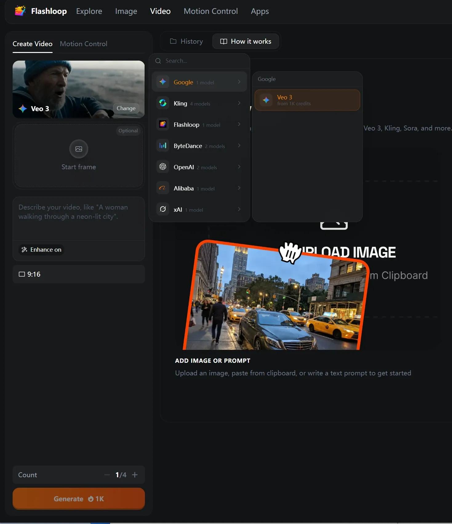 Flashloop platform's AI video creation tool interface