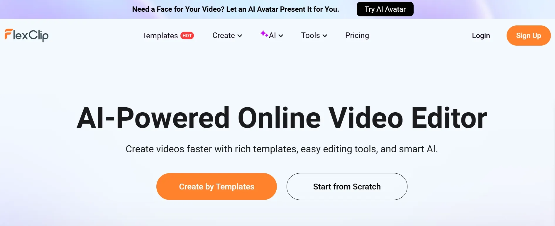 FlexClip homepage hero section for an AI-powered online video editor