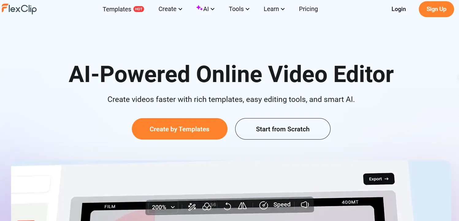 Página de inicio de FlexClip que muestra herramientas de edición de vídeo en línea con tecnología de IA.