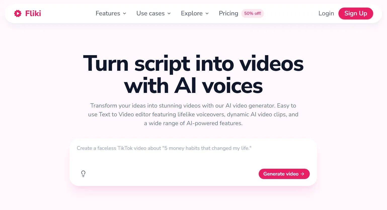 Página principal de Fliki para convertir guiones en vídeos con voces de IA.