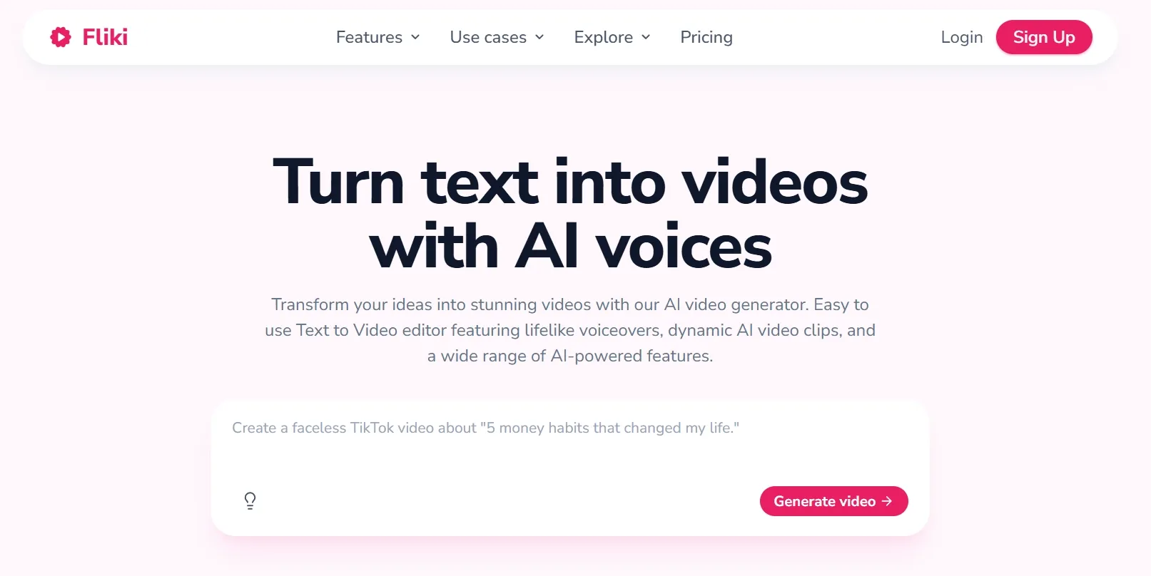Pagina iniziale di Fliki che mostra un generatore di video da testo con voci generate dall'intelligenza artificiale.
