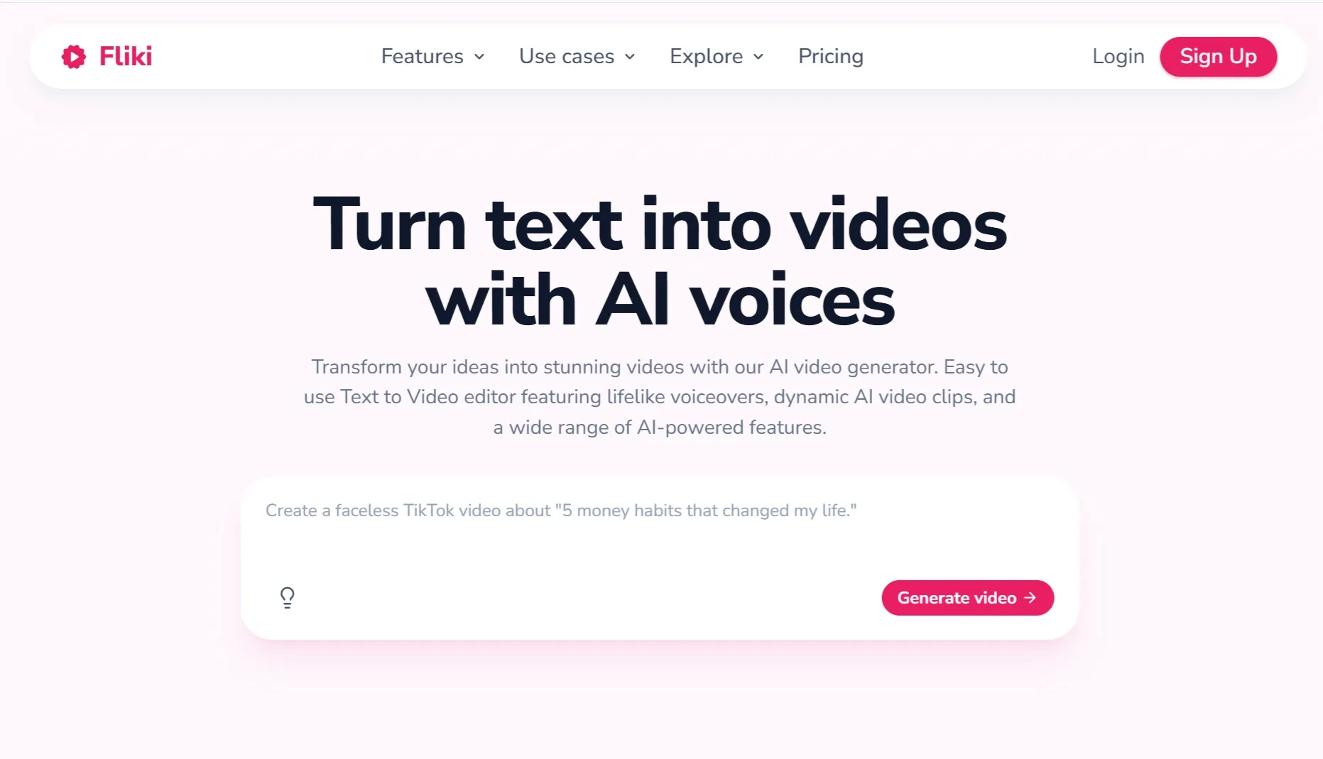 Fliki tekst til video hjemmeside med AI stemme video generator prompt boks