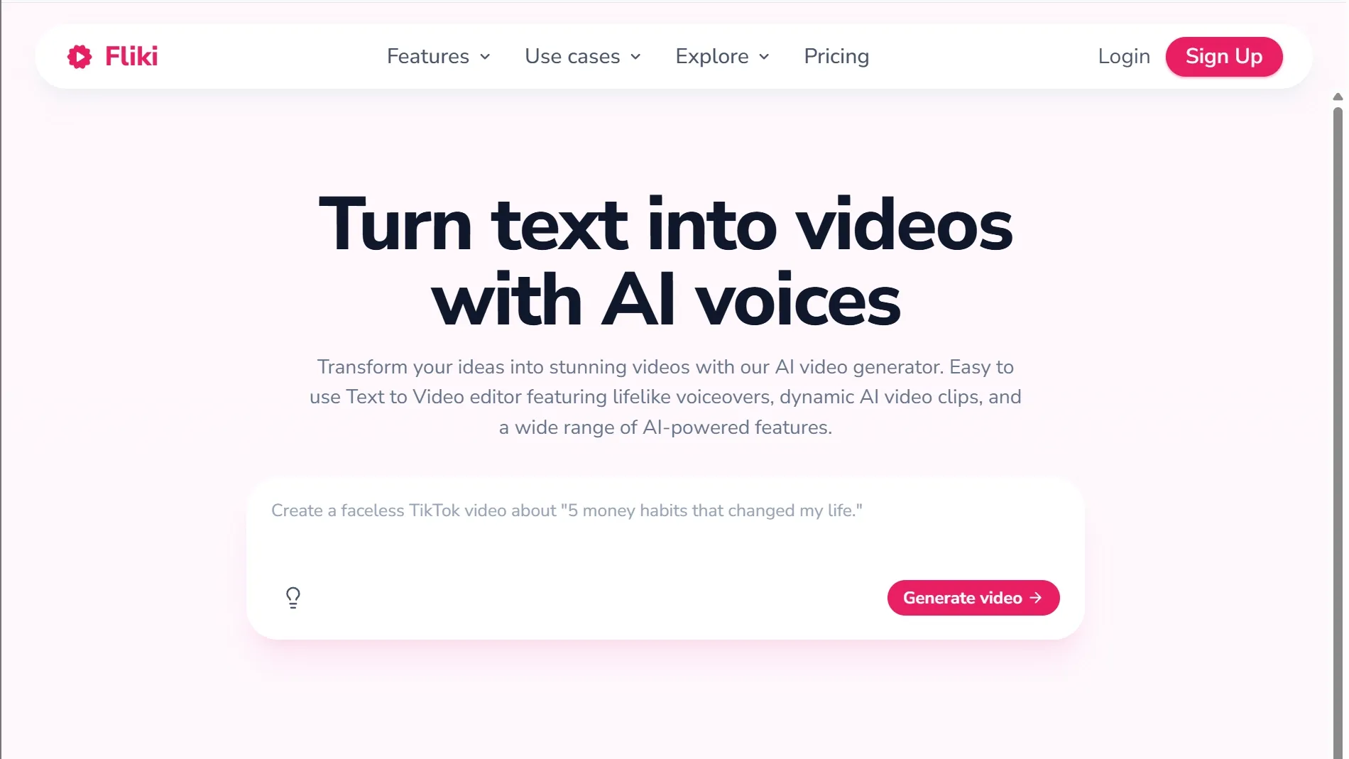 Fliki homepage for turning text into videos with AI voices
