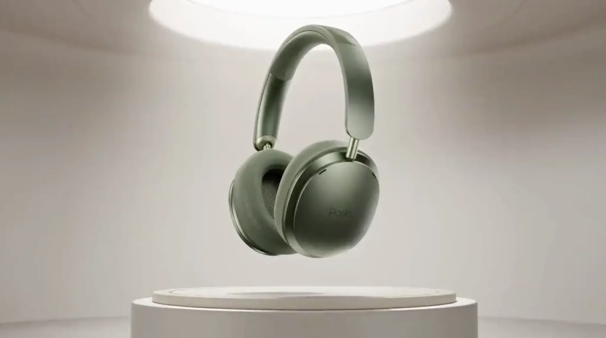 A pair of green headphones floating above a circular display.