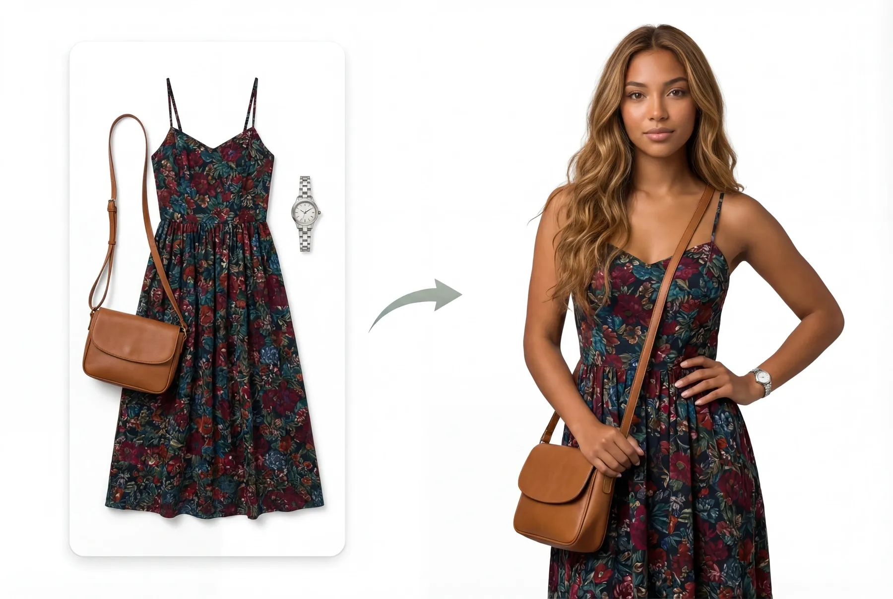 Ein Model trägt ein geblümtes Kleid, dazu eine braune Tasche und eine Uhr.