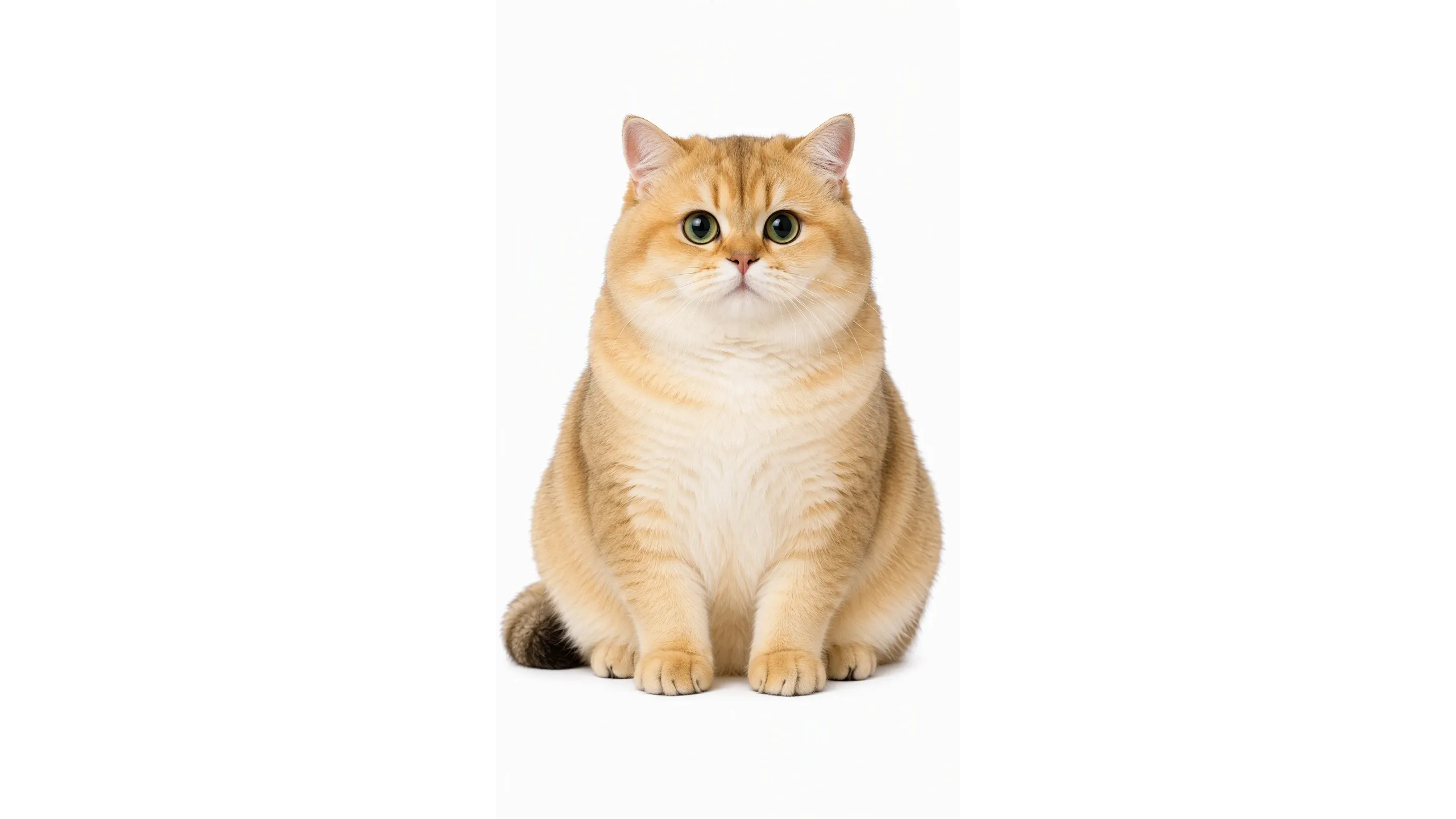 A fluffy golden cat sits upright with large green eyes.