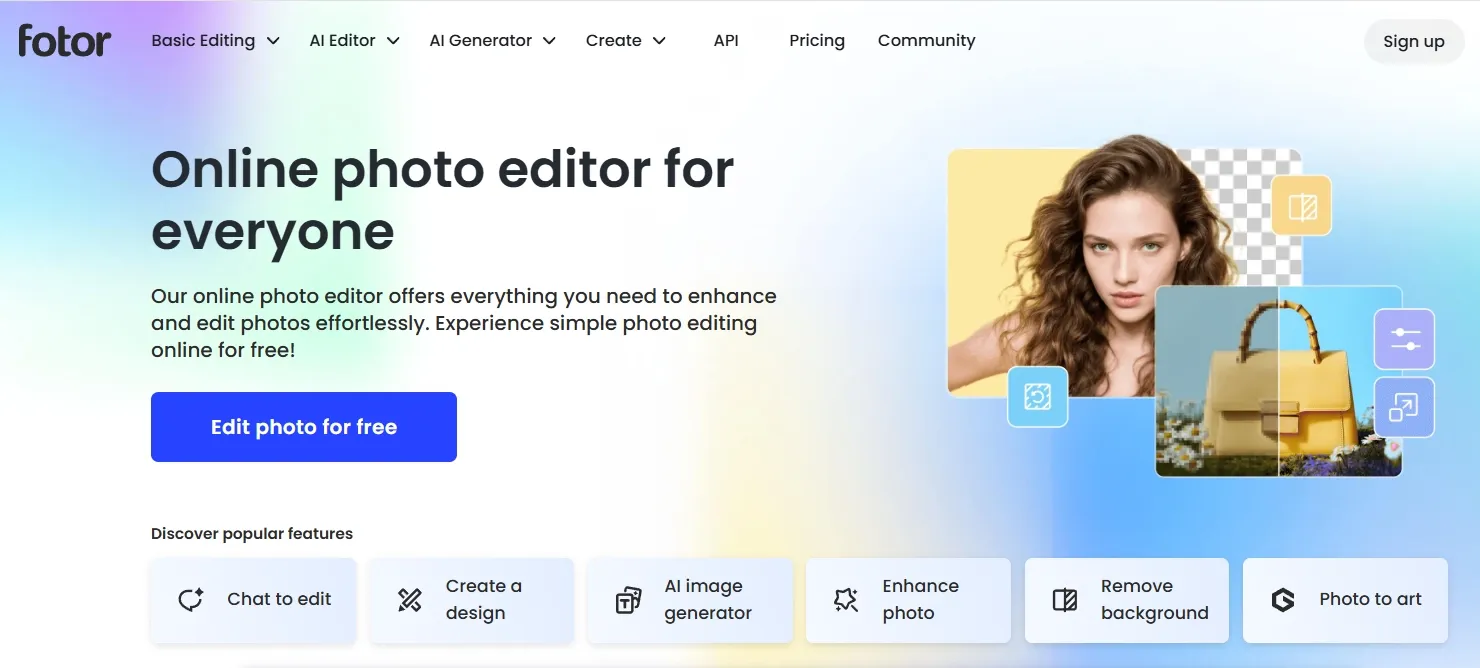 Página principal del editor de fotos Fotor con herramientas de edición e imágenes del producto.
