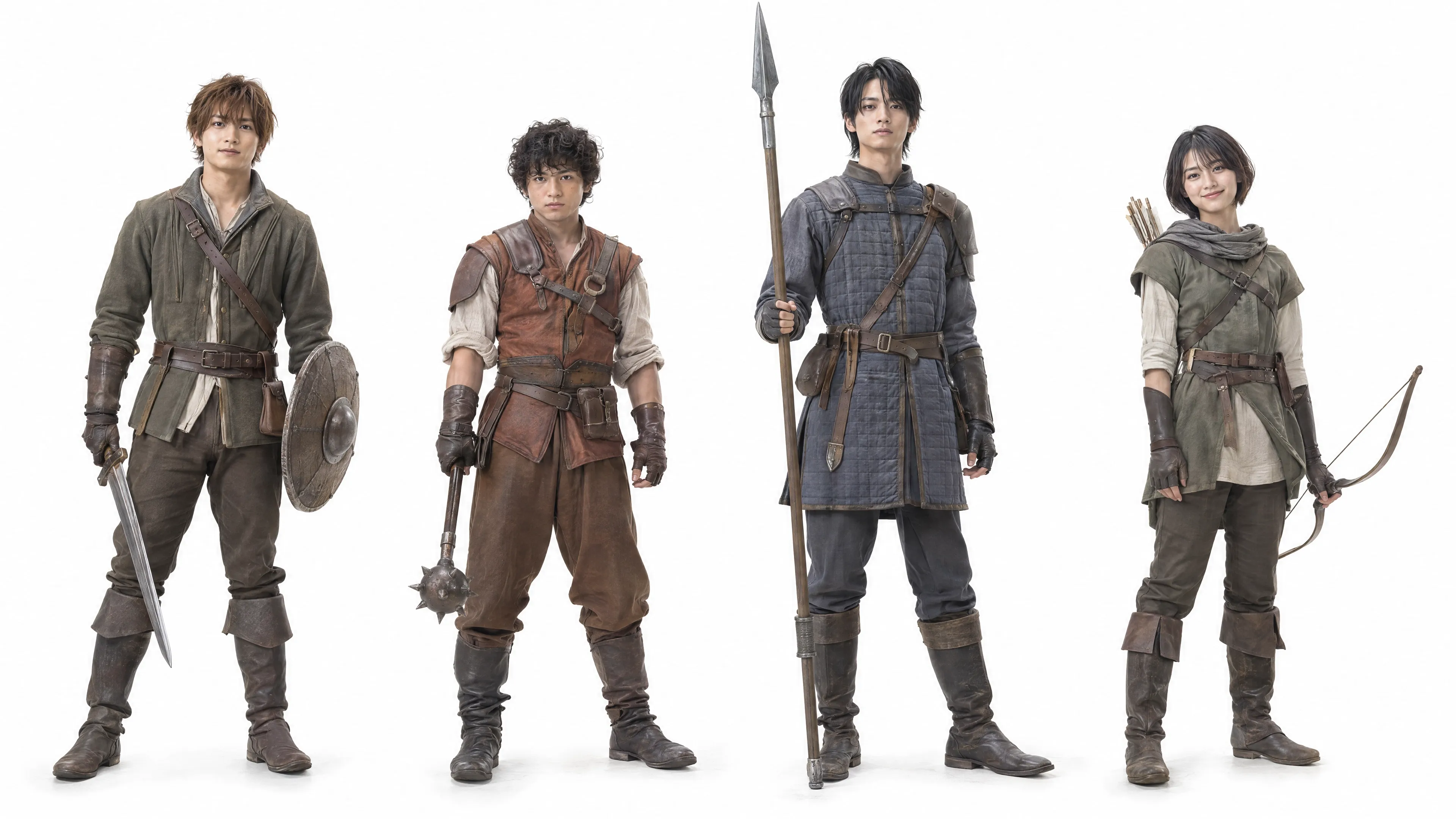 Four characters in medieval-style costumes, each holding different weapons.