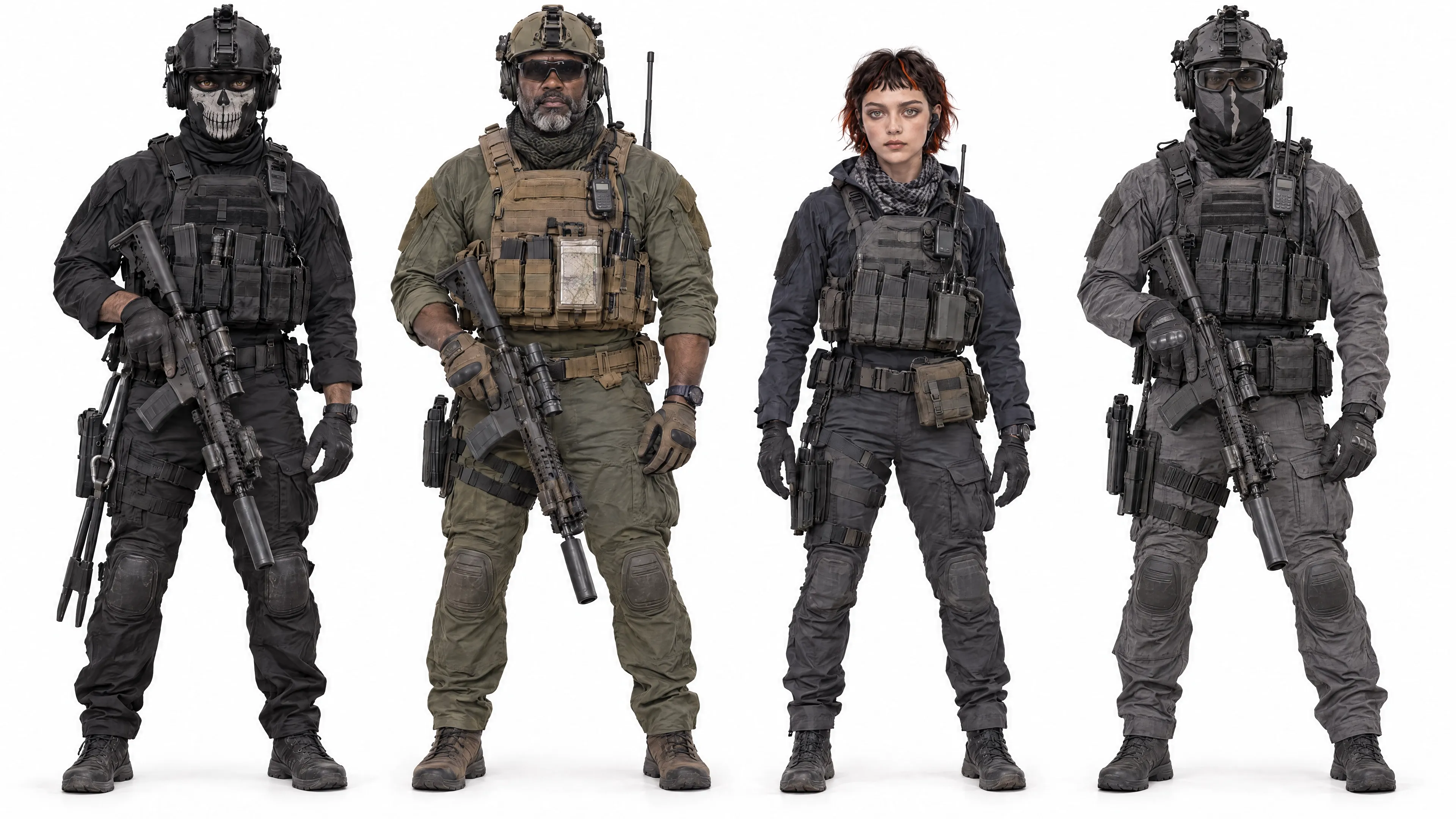 Four military operators in tactical gear, each holding weapons, standing together.