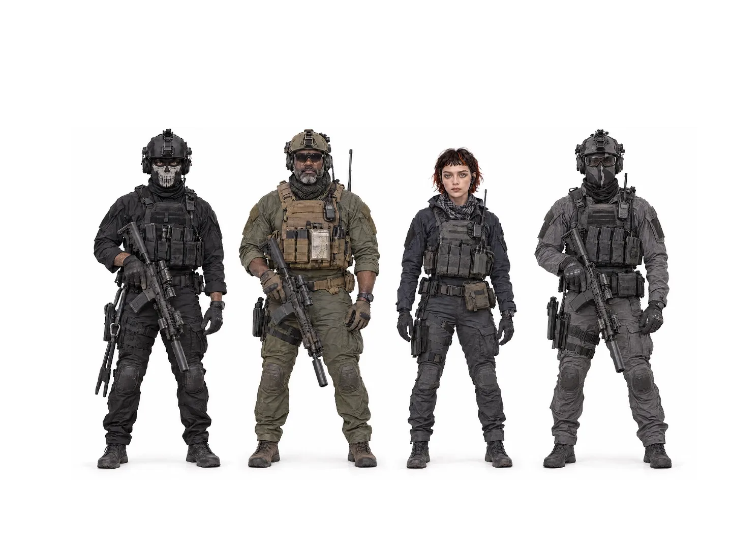 Four soldiers in tactical gear, each holding a weapon, standing side by side.