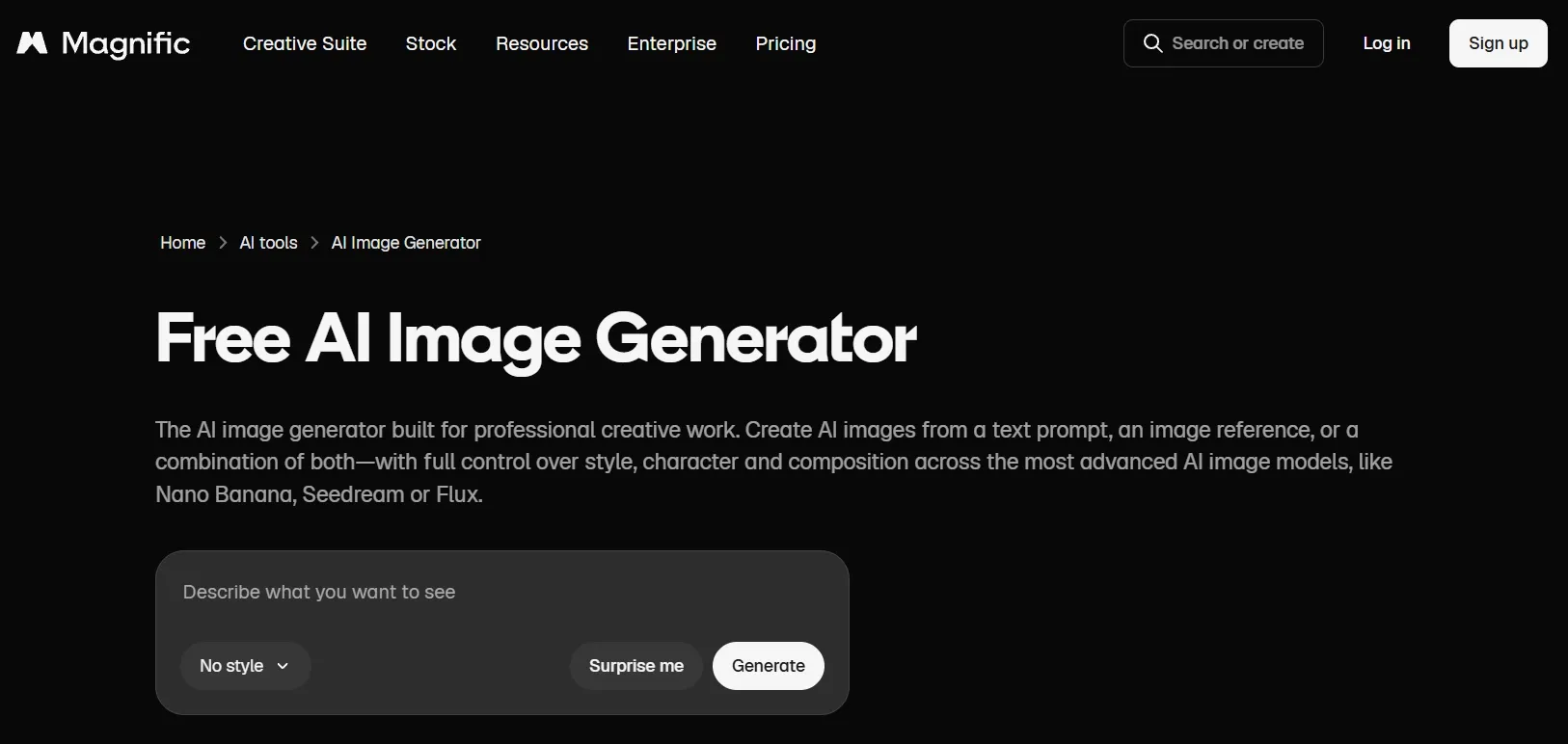 A webpage showcasing a free AI image generator tool with text prompts.