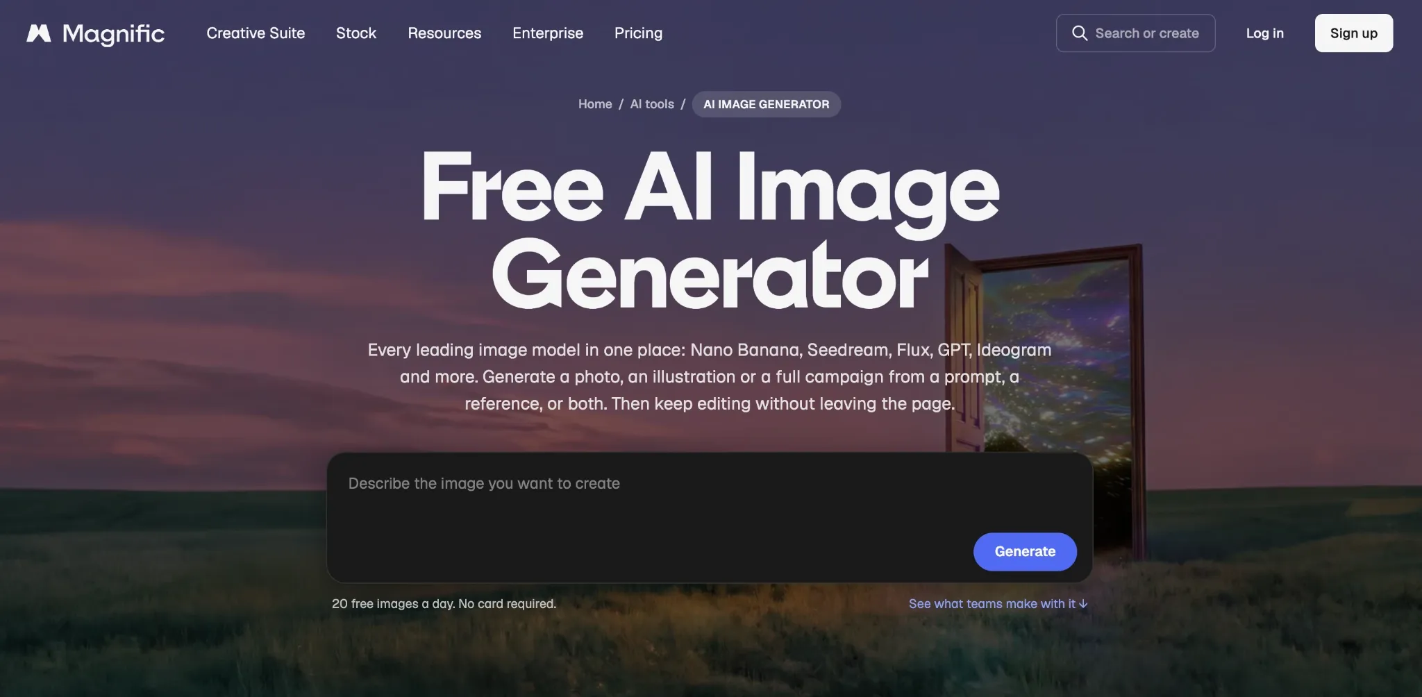 A webpage promoting a free AI image generator tool with a scenic background.