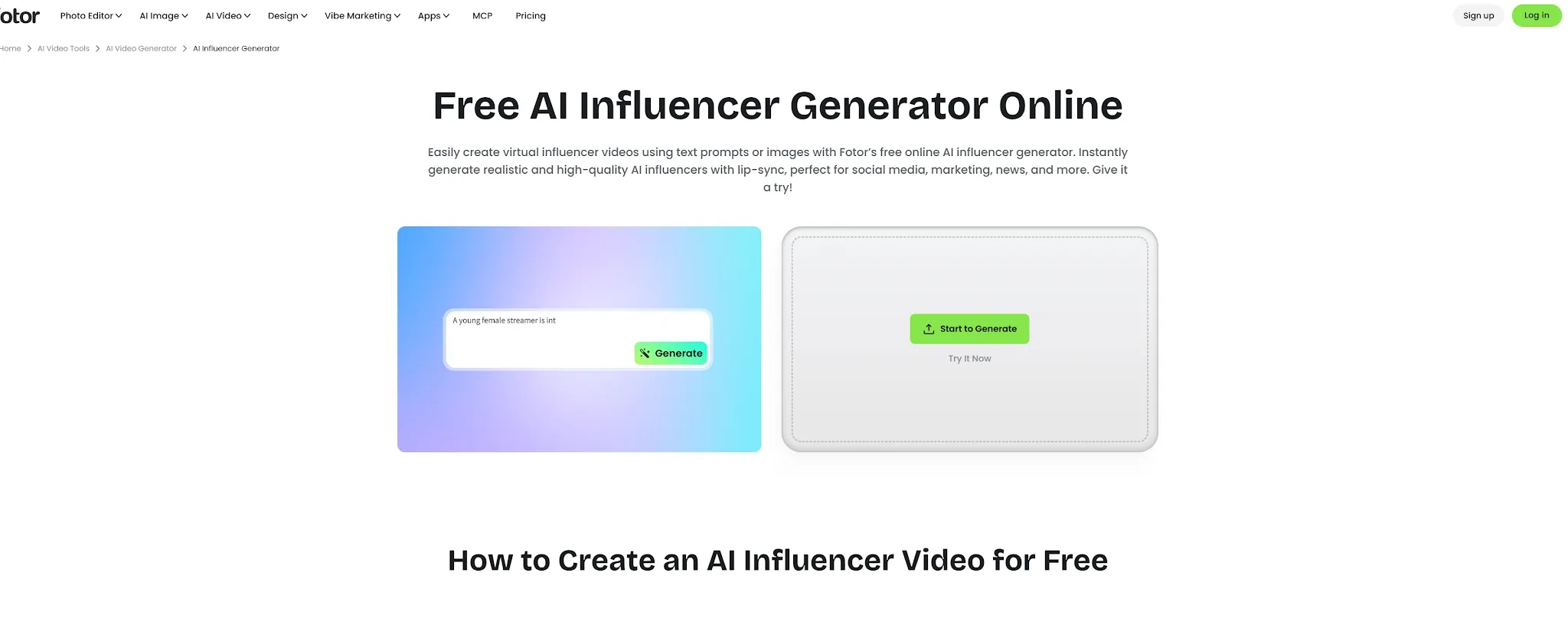 Interface pour la création de vidéos d'influenceurs IA avec prompts textuelles.