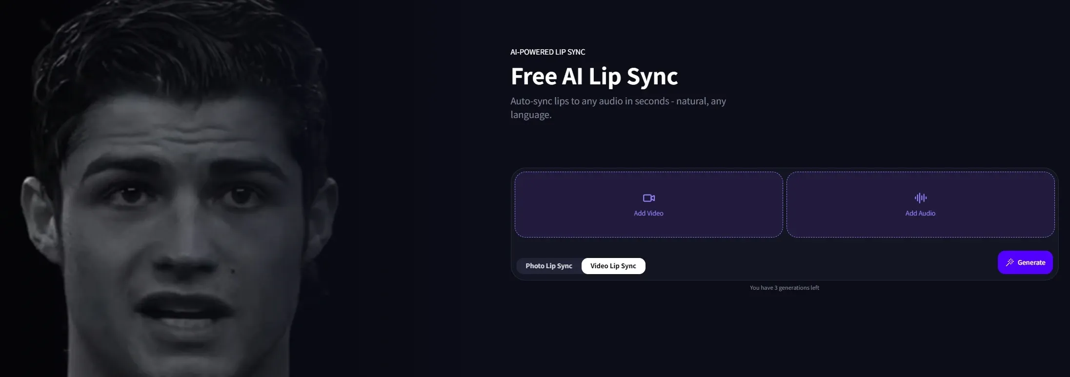Free AI lip sync tool interface, supporting video and audio upload for automatic lip matching