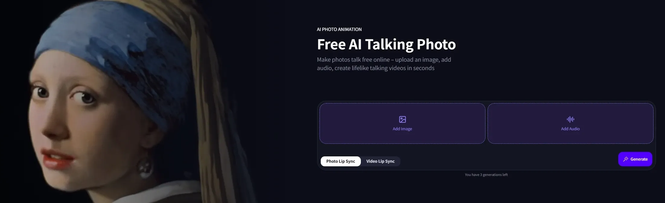 Free AI talking photo animation tool interface, supporting image and audio upload for lifelike talking videos
