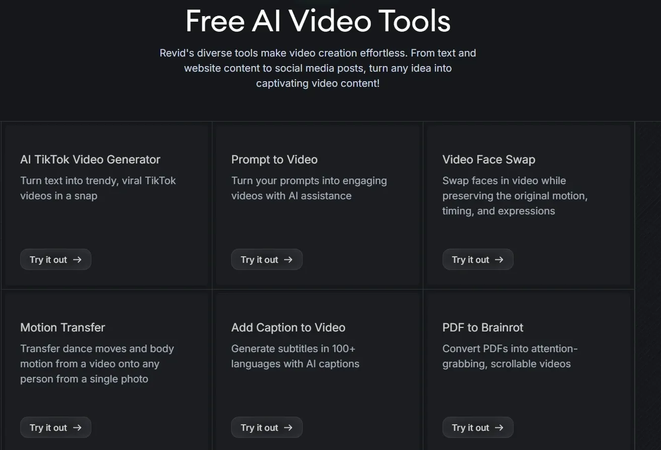 Free AI video tool collection page, listing 6 core functions including text-to-video, video face swap and motion transfer