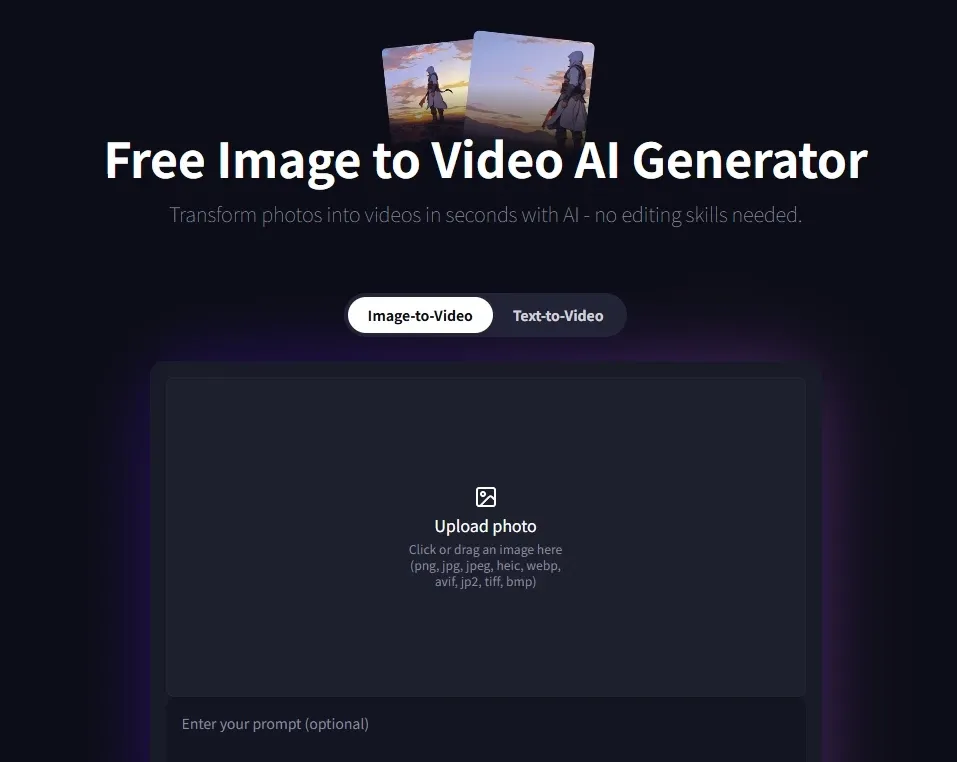 Free image-to-video AI generator interface, supporting photo upload and one-click video creation