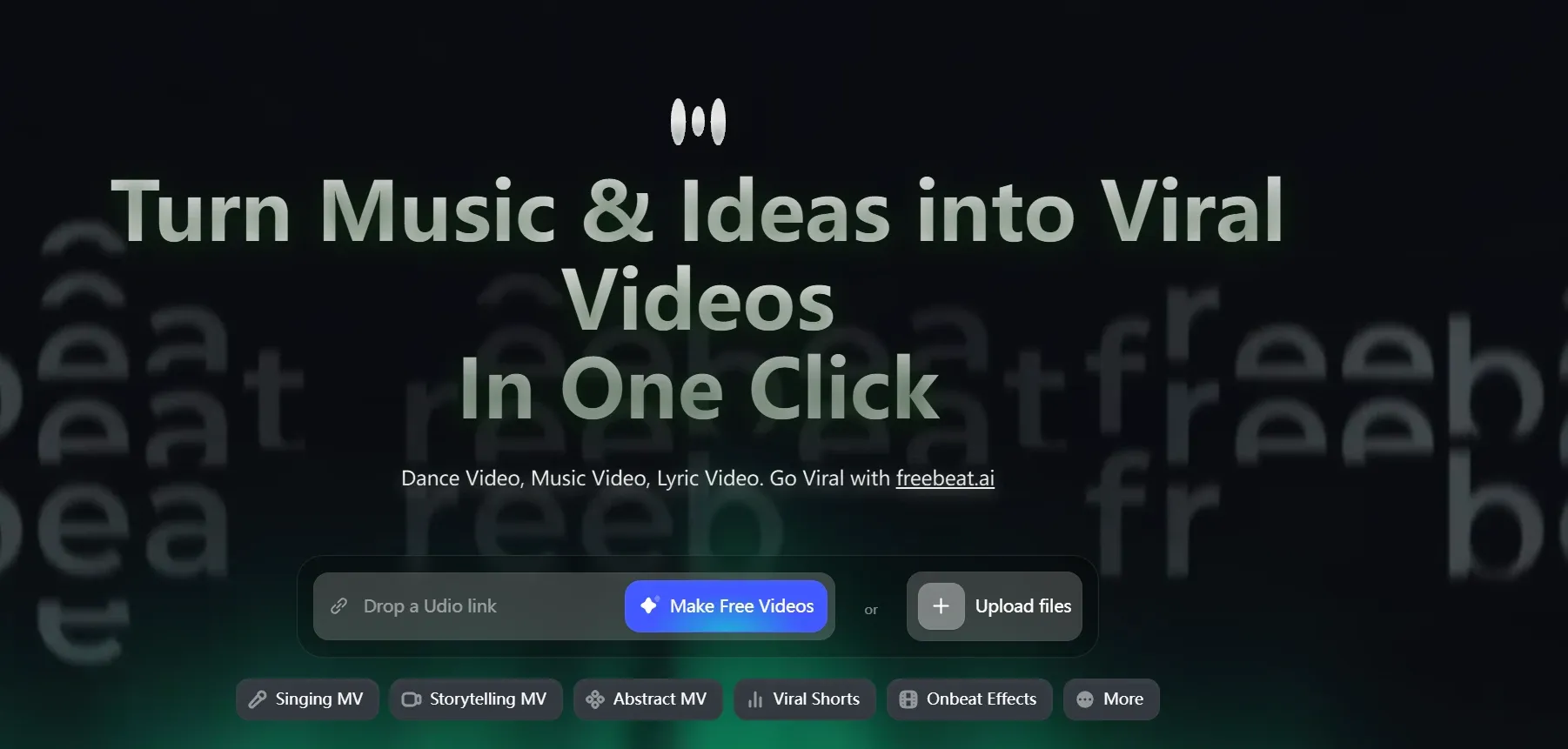 interface da página de destino do freebeat.ai destacando a transformação de música e ideias em vídeos virais com um clique, suportando formatos de vídeo de dança, videoclipe e vídeo com letras