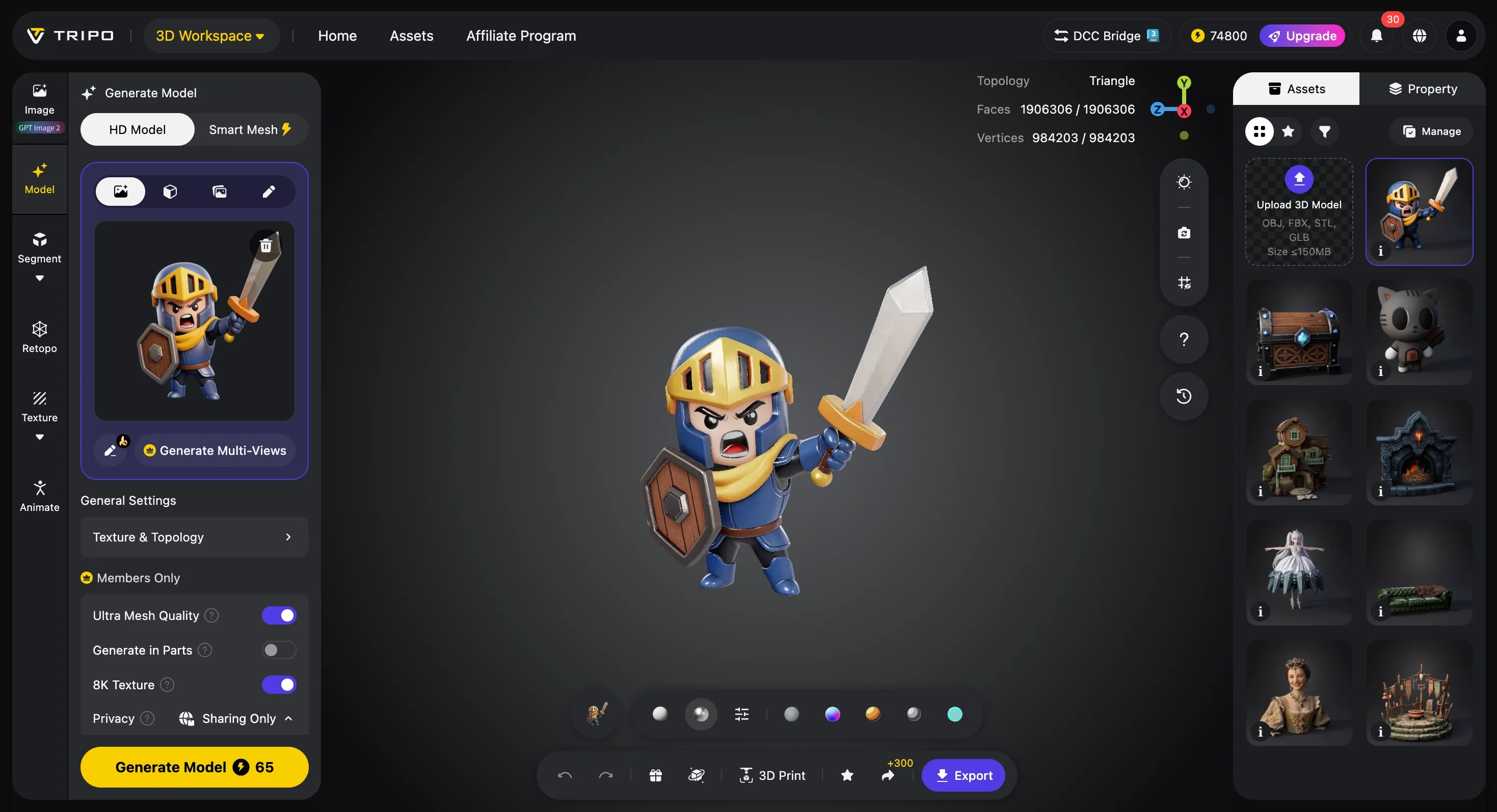Tripo AI 3D workspace showing model generation controls and a warrior character preview