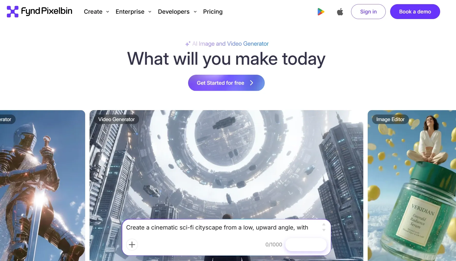 Homepage of Fynd Pixelbin showcasing AI image and video generation tools.