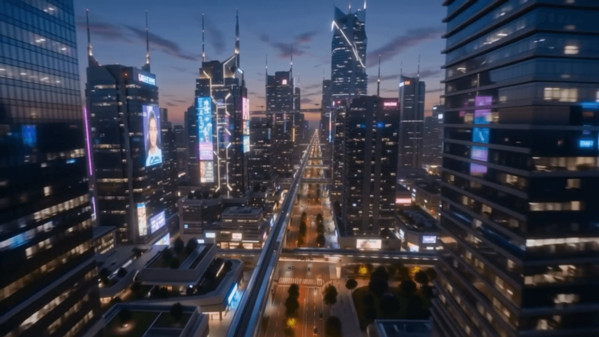 Un paisaje urbano futurista al anochecer con altos edificios y luces de neón resplandecientes a lo largo de las calles.