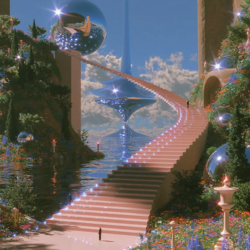 A surreal landscape with a spiral staircase leading to reflective spheres and vibrant flora.