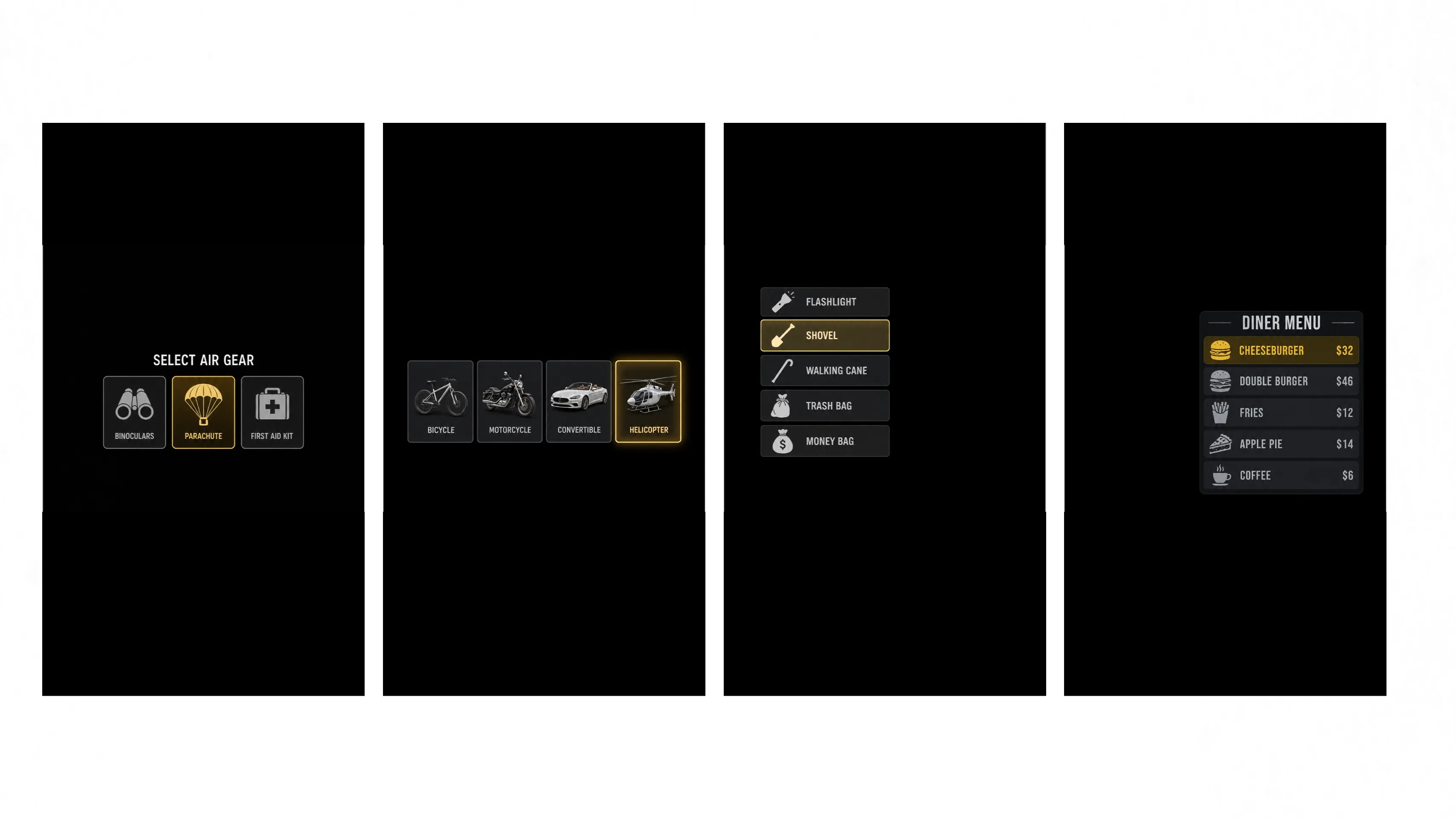 Screenshots of a game menu displaying air gear and diner menu items.