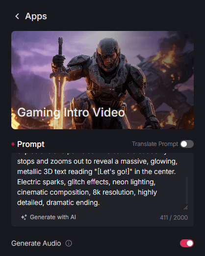 Redigeringsværktøj til introduktionsvideo til spil med et futuristisk eksempel på en scene med en pansret soldat og en tekstprompt, der giver en dramatisk og fejlagtig 8K-videoafslutning.