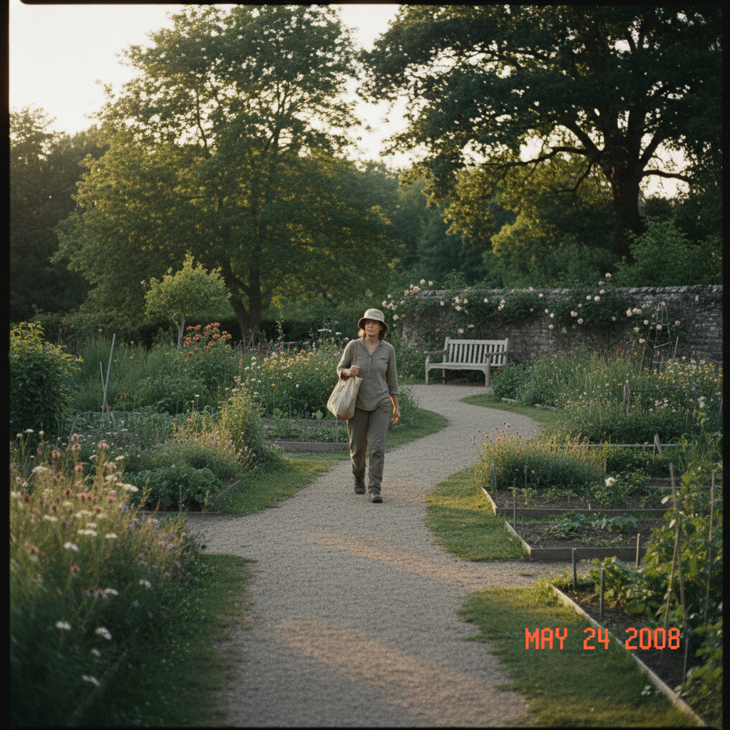 une femme marche dans le jardin