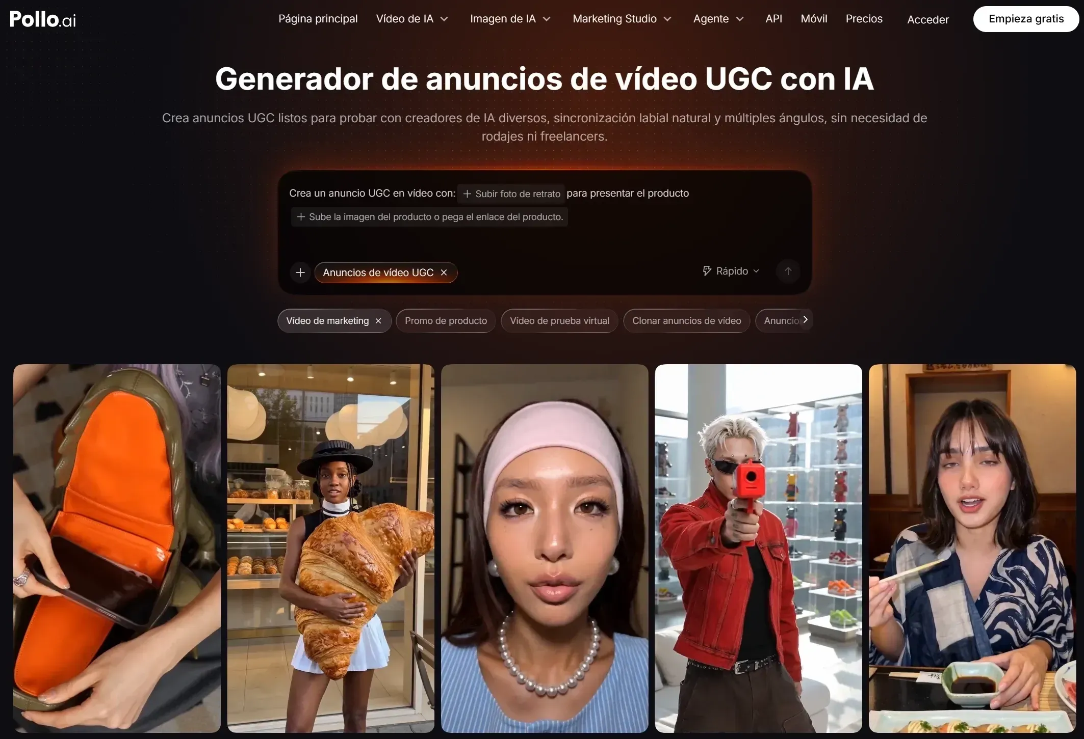 Interfaz de generador de anuncios de video UGC con varias imágenes de creadores.