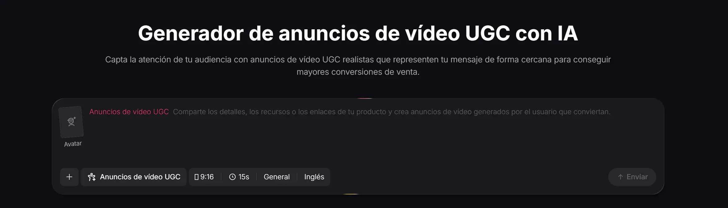 Interfaz de generador de anuncios de video UGC con IA.