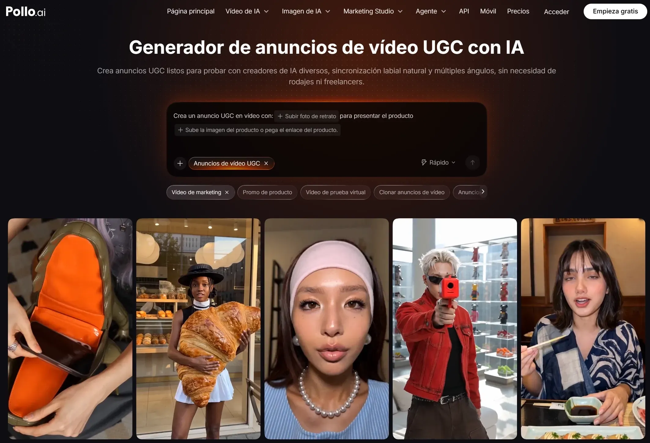 Interfaz de un generador de anuncios de video UGC con varios creadores.