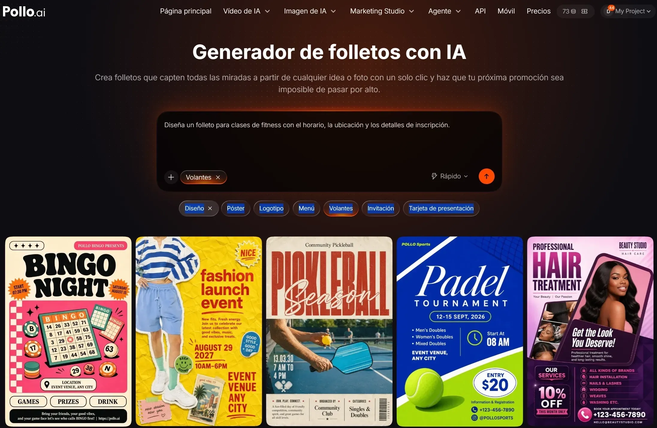 Interfaz de un generador de folletos con varios diseños y opciones.