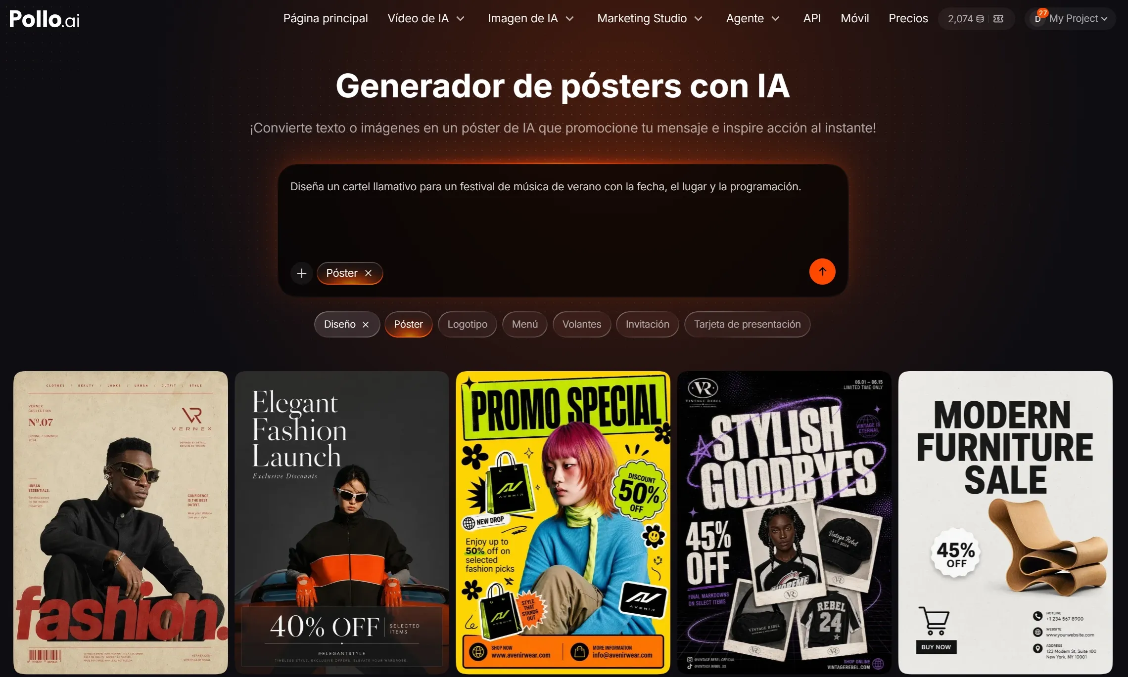 Interfaz de un generador de pósters con opciones de diseño y promociones.