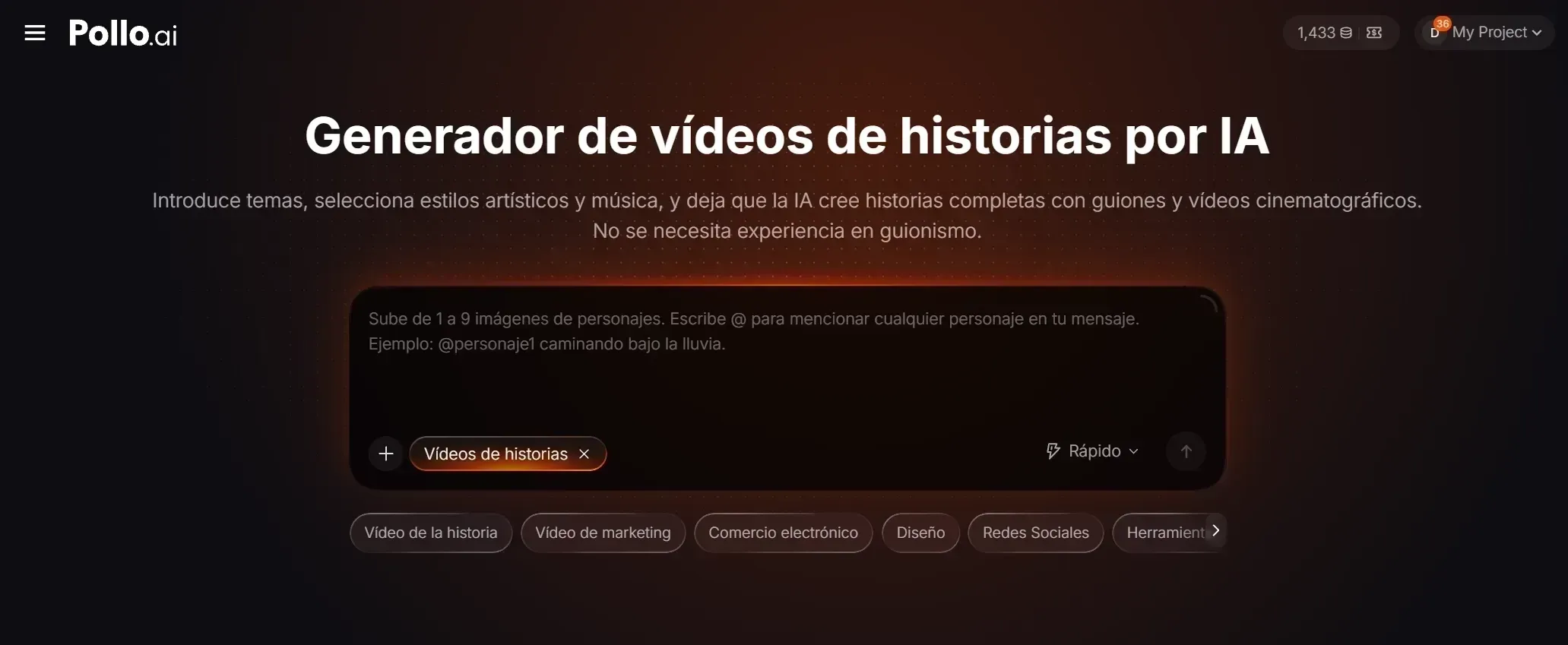 Interfaz de un generador de videos de historias por IA con opciones de personalización.