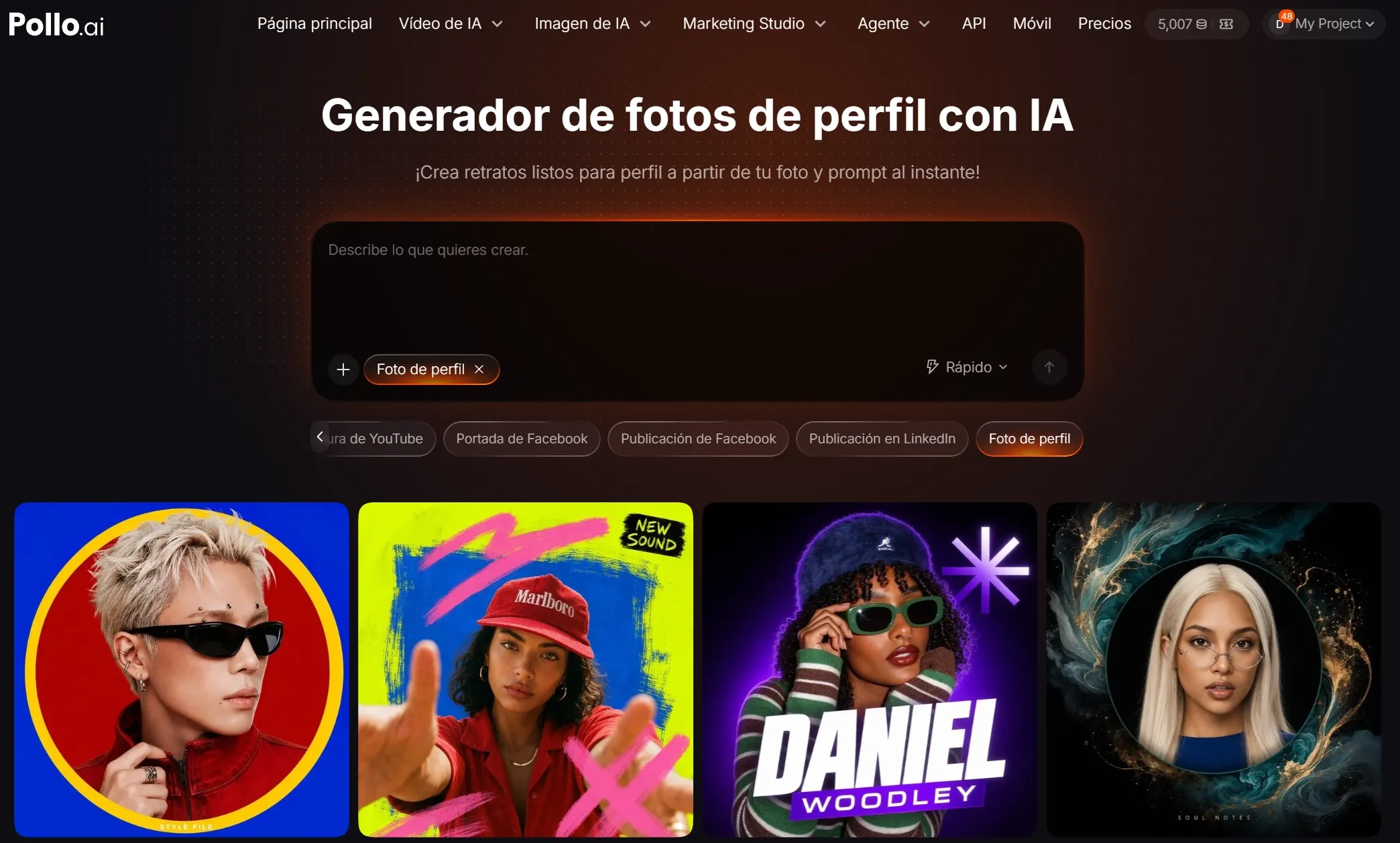 Interfaz de un generador de fotos de perfil con opciones de personalización.