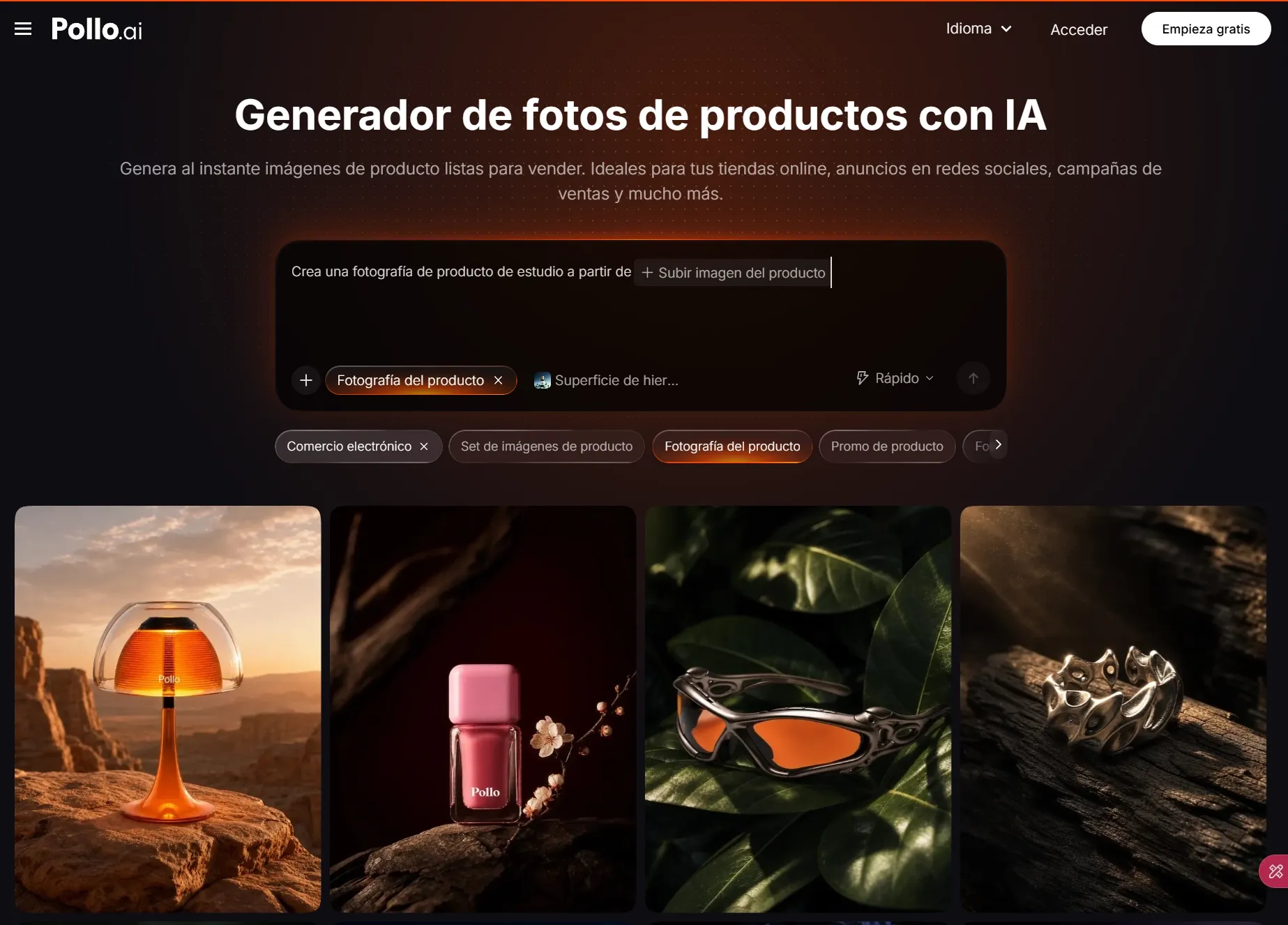 Interfaz de un generador de fotos de productos con imágenes de lámpara, perfume, gafas y anillo.