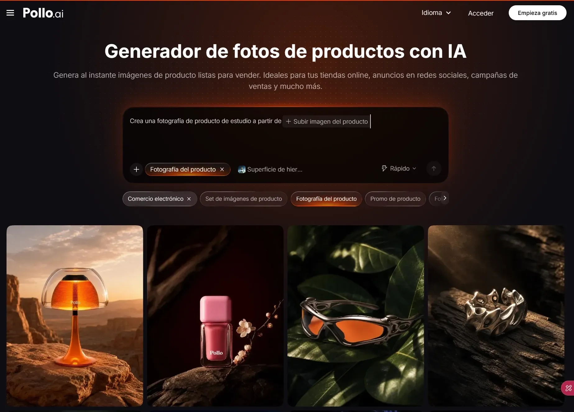 Interfaz de generador de fotos de productos con opciones de carga y categorías.