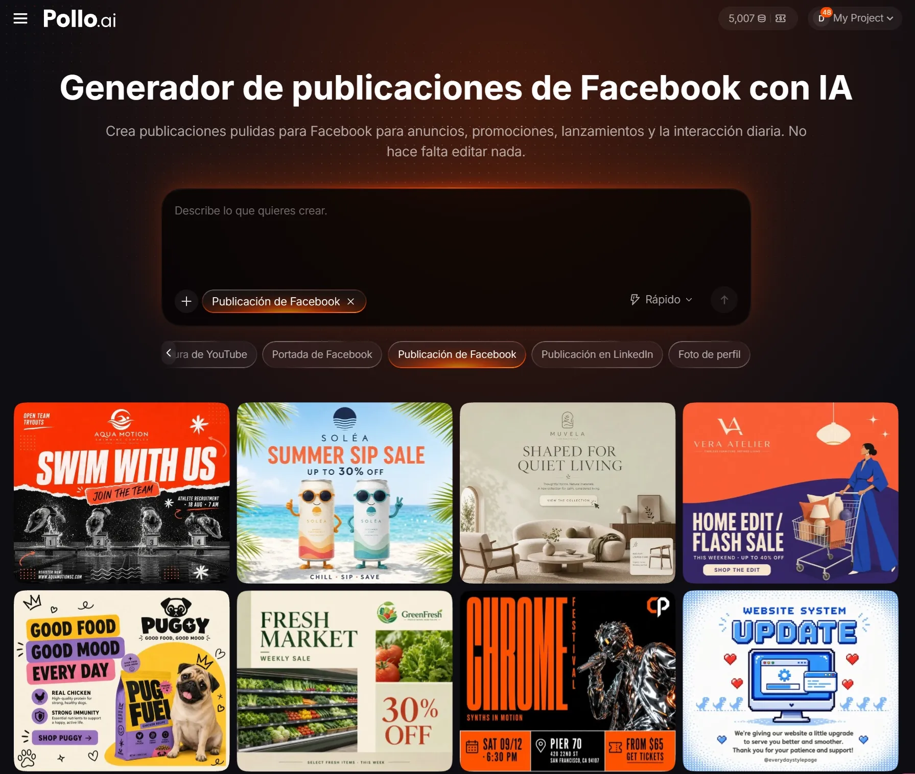 Interfaz de un generador de publicaciones para Facebook con varios anuncios.