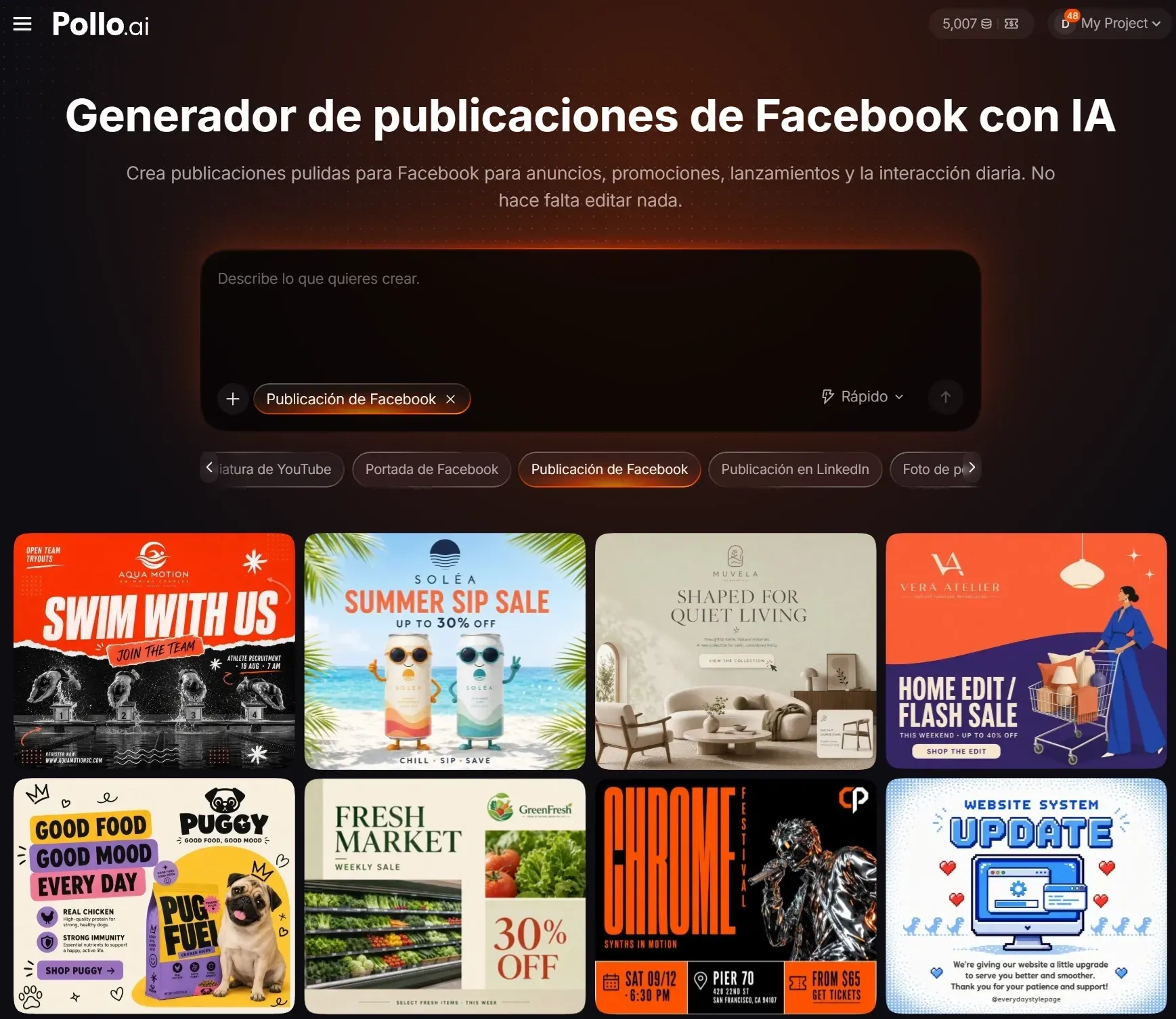 Interfaz de generador de publicaciones para Facebook con IA.