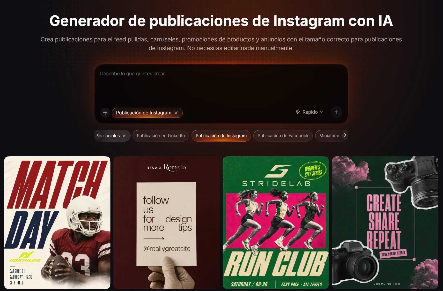 Interfaz de generador de publicaciones para Instagram con ejemplos de diseño.
