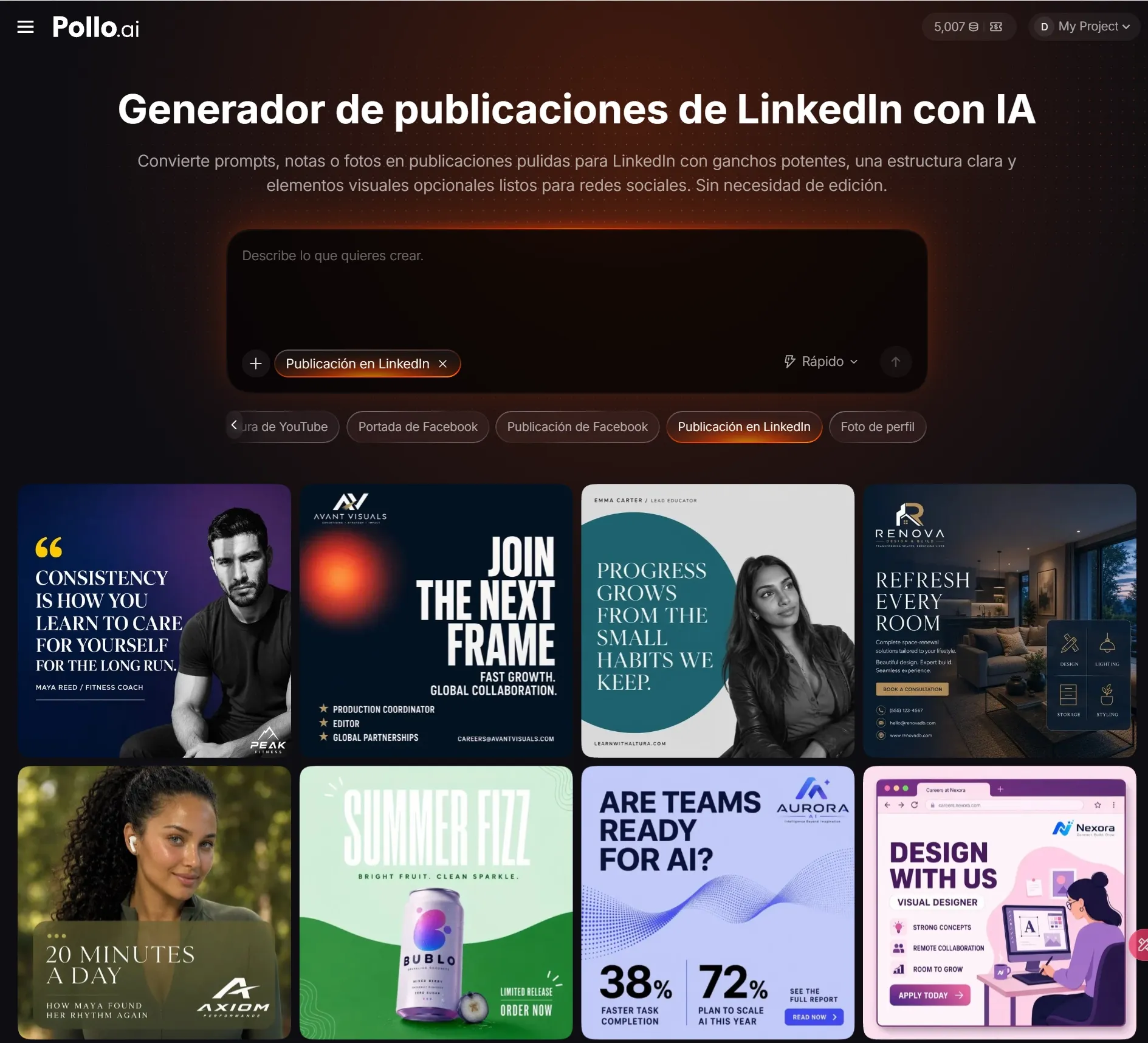 Interfaz de generador de publicaciones de LinkedIn con IA y ejemplos visuales.