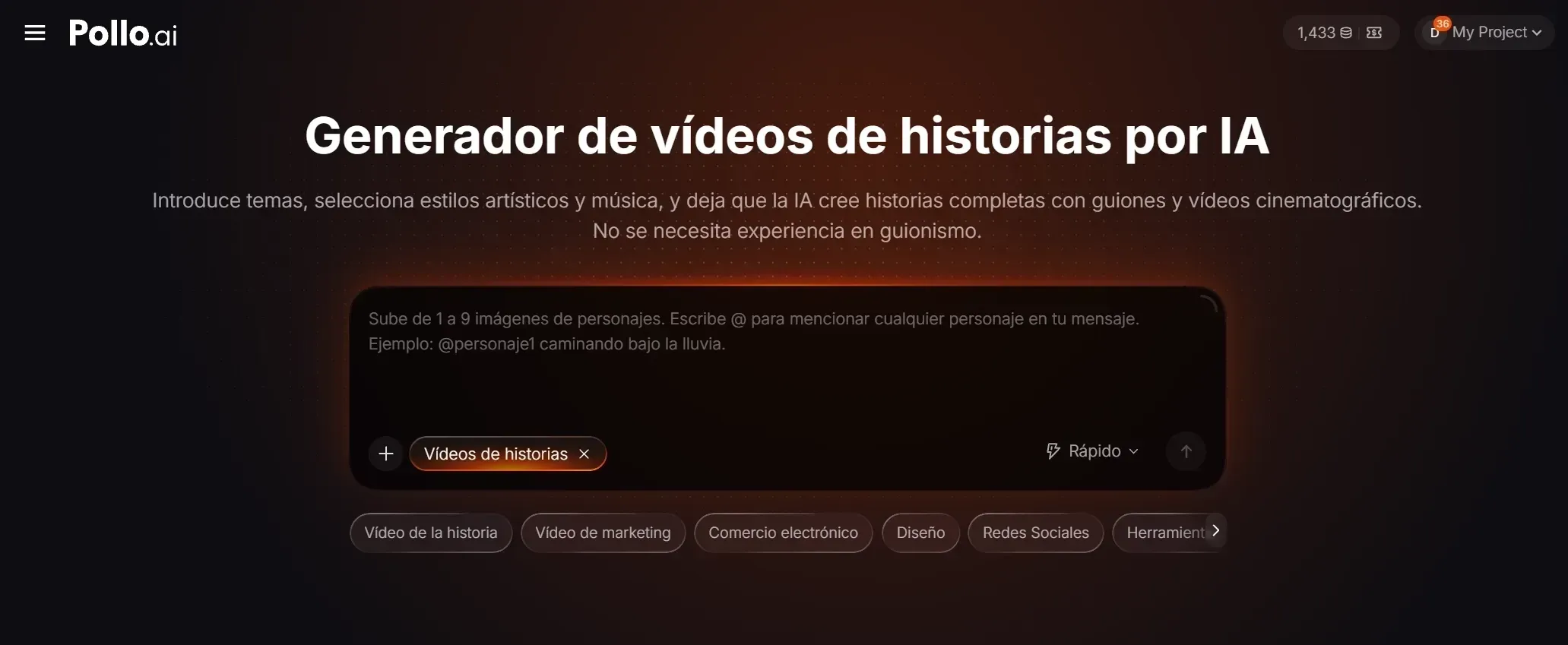Interfaz de un generador de videos de historias por IA con opciones de personalización.