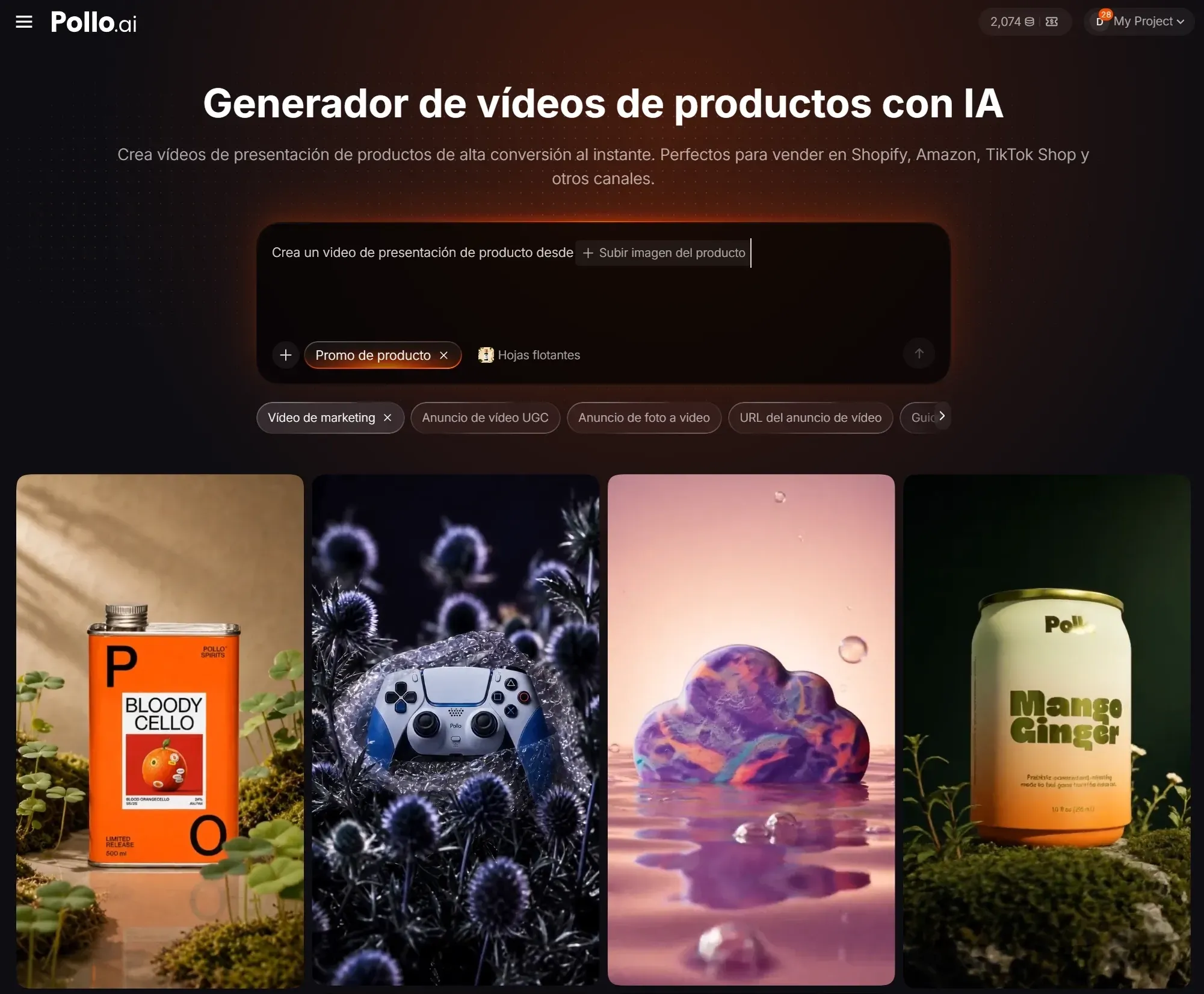 Interfaz de un generador de videos de productos con IA y ejemplos de productos.