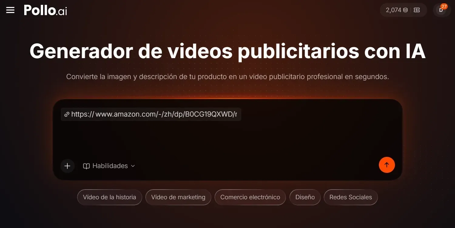 Interfaz de un generador de videos publicitarios con IA.