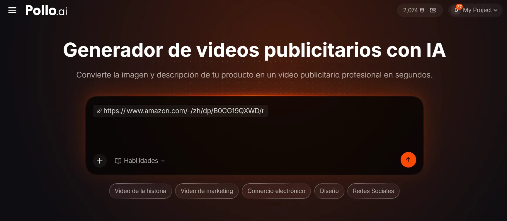 Interfaz de un generador de videos publicitarios con IA.